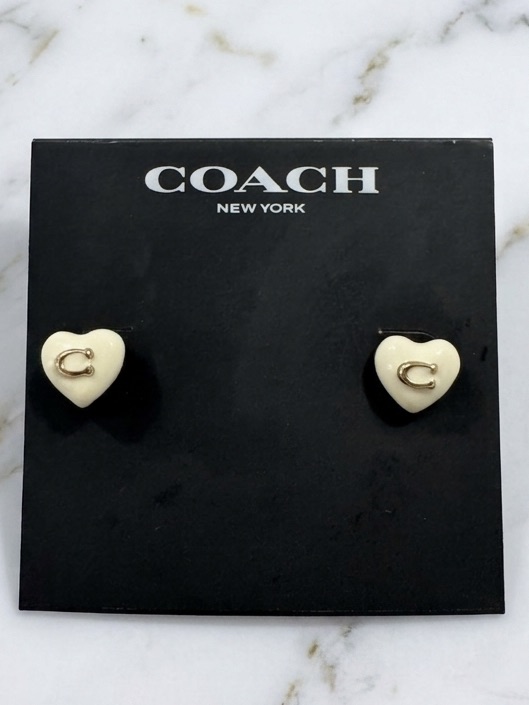 Coach Cream Heart Stud Earrings With Gold 'C' Accent